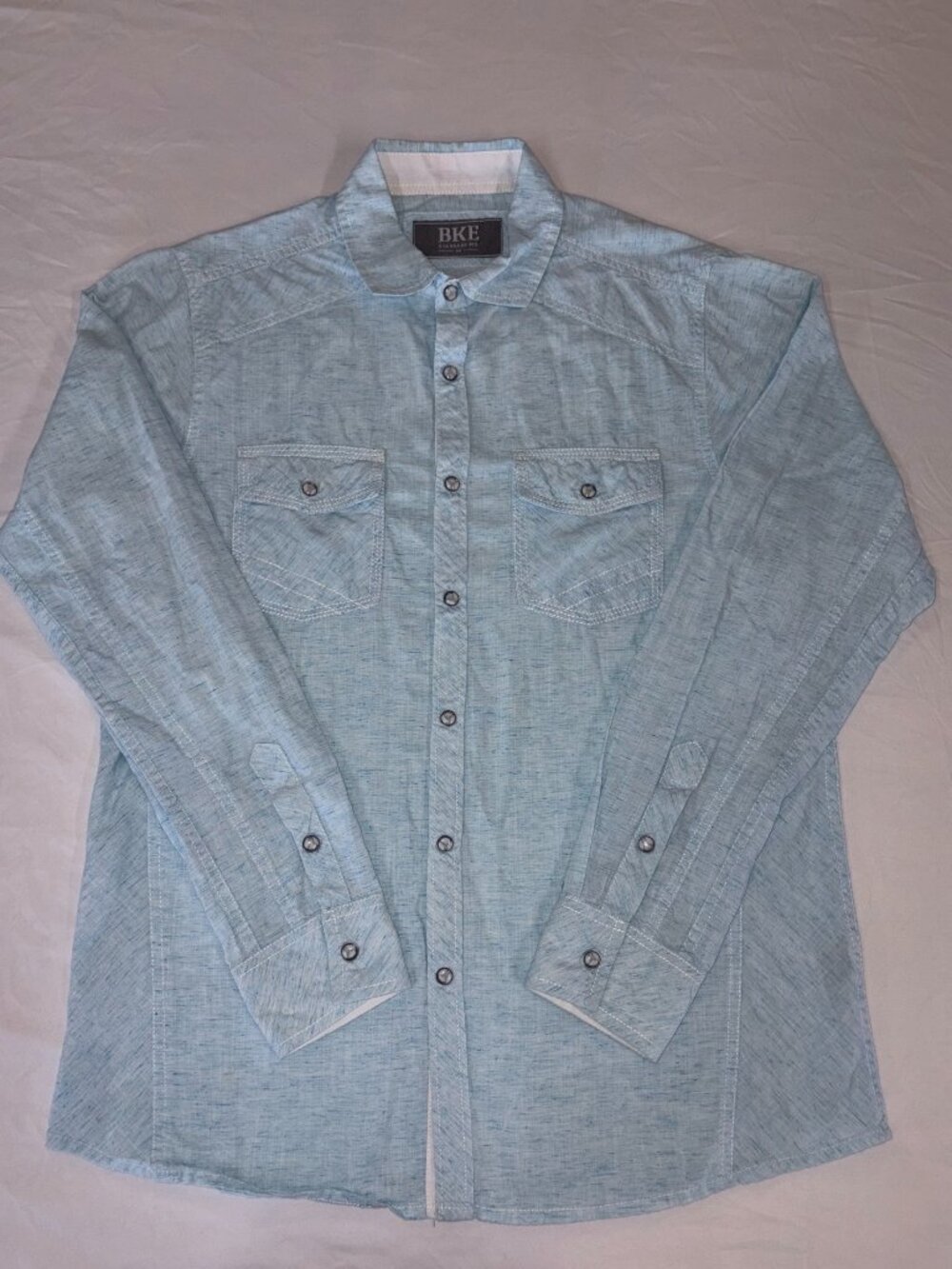 BKE Men's Pearl Snap Shirt Baby Blue Size Medium Long Sleeve
